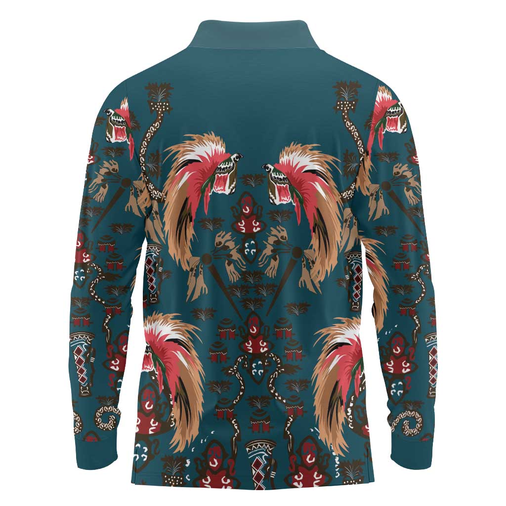 Dark Cyan Blue Bird of Batik Papua Long Sleeve Polo Shirt Exotic Natural Wealth of Papua LT9 - Polynesian Pride