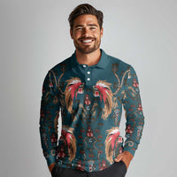 Dark Cyan Blue Bird of Batik Papua Long Sleeve Polo Shirt Exotic Natural Wealth of Papua LT9 - Polynesian Pride