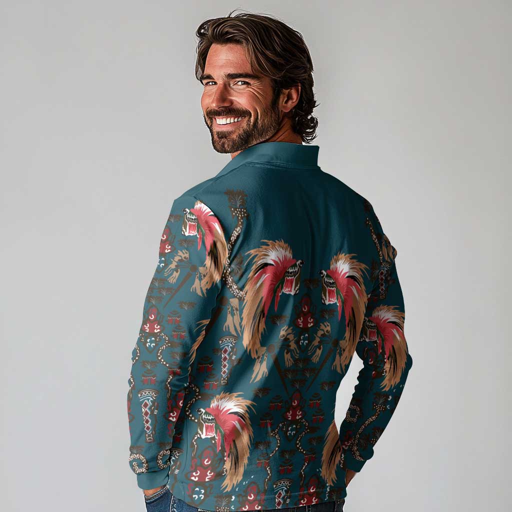 Dark Cyan Blue Bird of Batik Papua Long Sleeve Polo Shirt Exotic Natural Wealth of Papua LT9 - Polynesian Pride