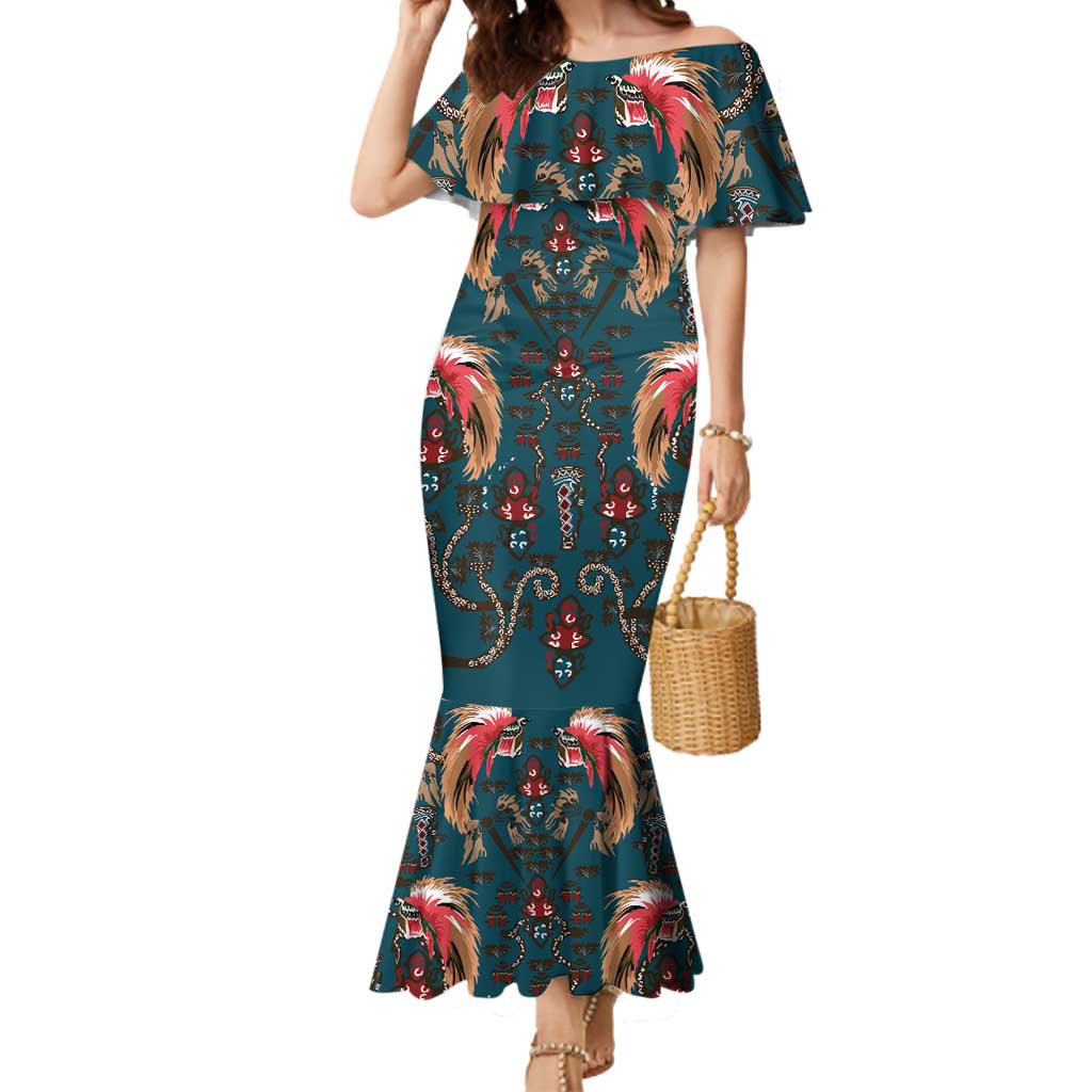 Dark Cyan Blue Bird of Batik Papua Mermaid Dress Exotic Natural Wealth of Papua LT9 Women Blue - Polynesian Pride