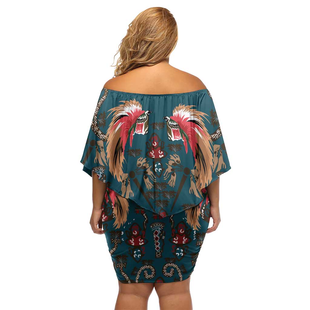 Dark Cyan Blue Bird of Batik Papua Off Shoulder Short Dress Exotic Natural Wealth of Papua LT9 - Polynesian Pride