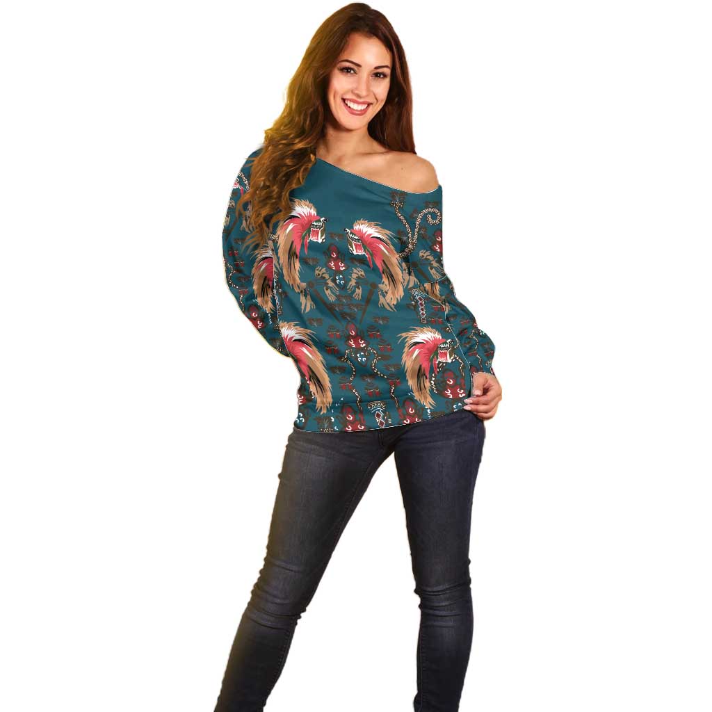 Dark Cyan Blue Bird of Batik Papua Off Shoulder Sweater Exotic Natural Wealth of Papua - Polynesian Pride