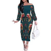 Dark Cyan Blue Bird of Batik Papua Off The Shoulder Long Sleeve Dress Exotic Natural Wealth of Papua LT9 Women Blue - Polynesian Pride
