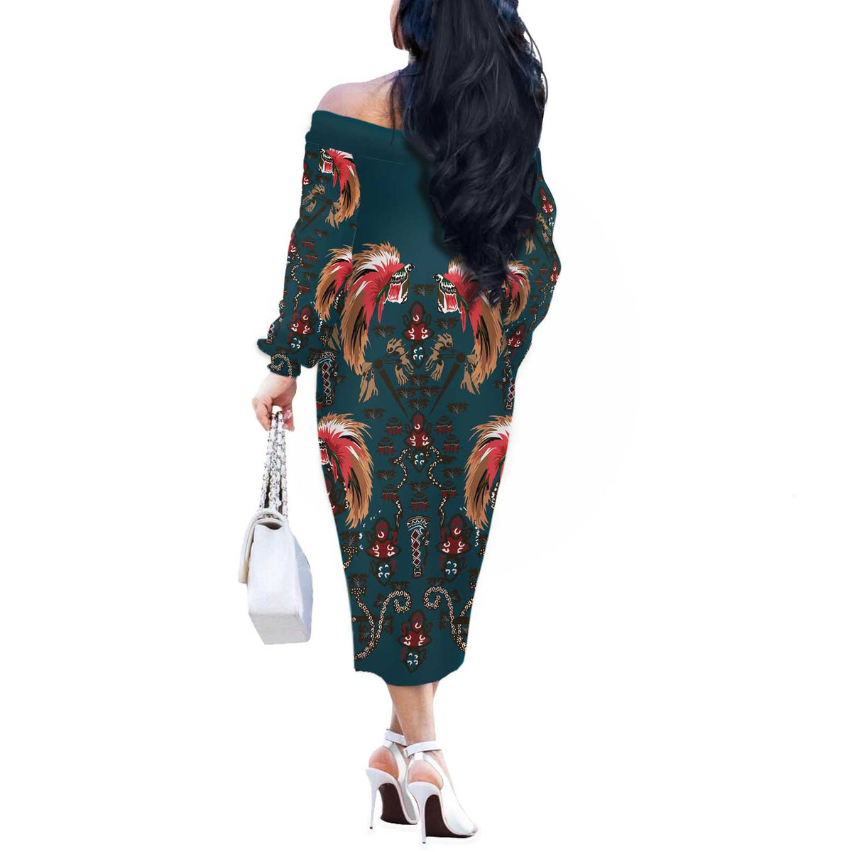 Dark Cyan Blue Bird of Batik Papua Off The Shoulder Long Sleeve Dress Exotic Natural Wealth of Papua LT9 - Polynesian Pride