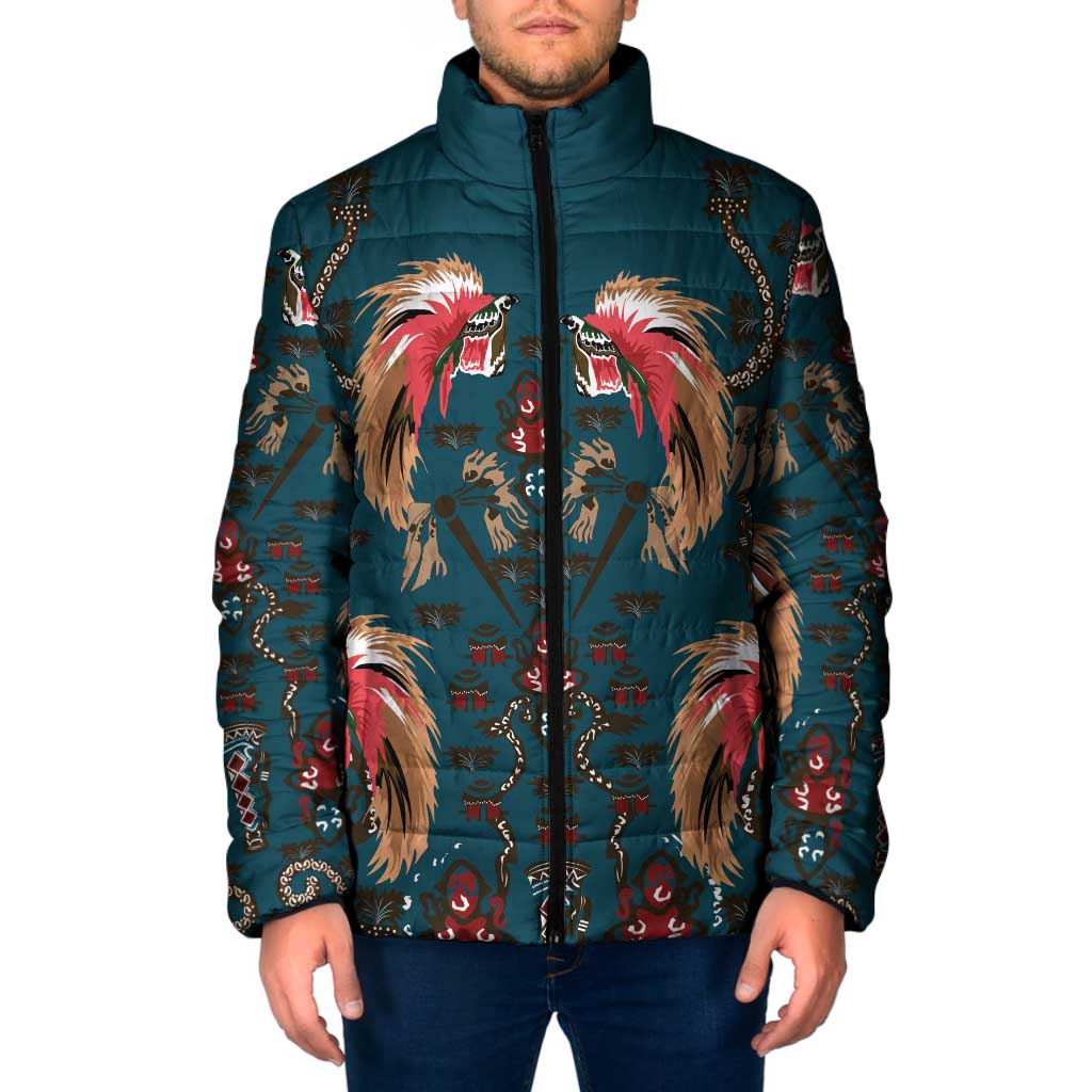 Dark Cyan Blue Bird of Batik Papua Padded Jacket Exotic Natural Wealth of Papua - Polynesian Pride