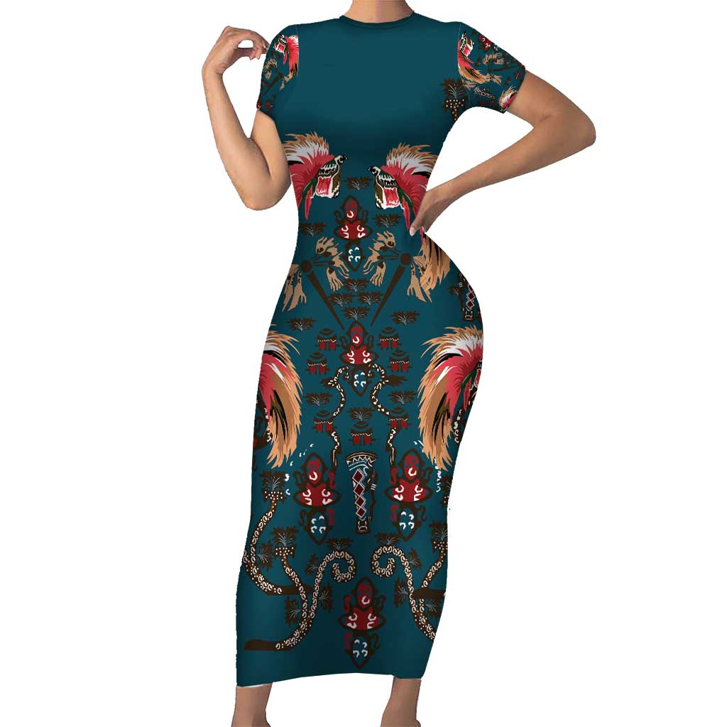 Dark Cyan Blue Bird of Batik Papua Short Sleeve Bodycon Dress Exotic Natural Wealth of Papua LT9 Long Dress Blue - Polynesian Pride