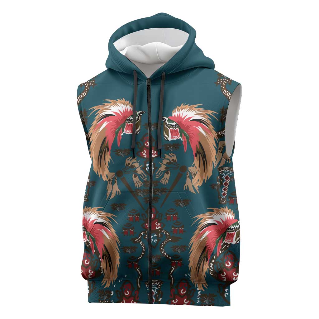 Dark Cyan Blue Bird of Batik Papua Sleeveless Zip Hoodie Exotic Natural Wealth of Papua LT9 Blue - Polynesian Pride