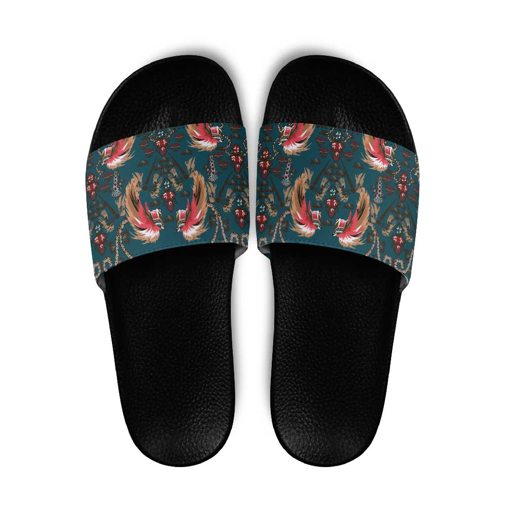 Dark Cyan Blue Bird of Batik Papua Slide Sandals Exotic Natural Wealth of Papua - Polynesian Pride