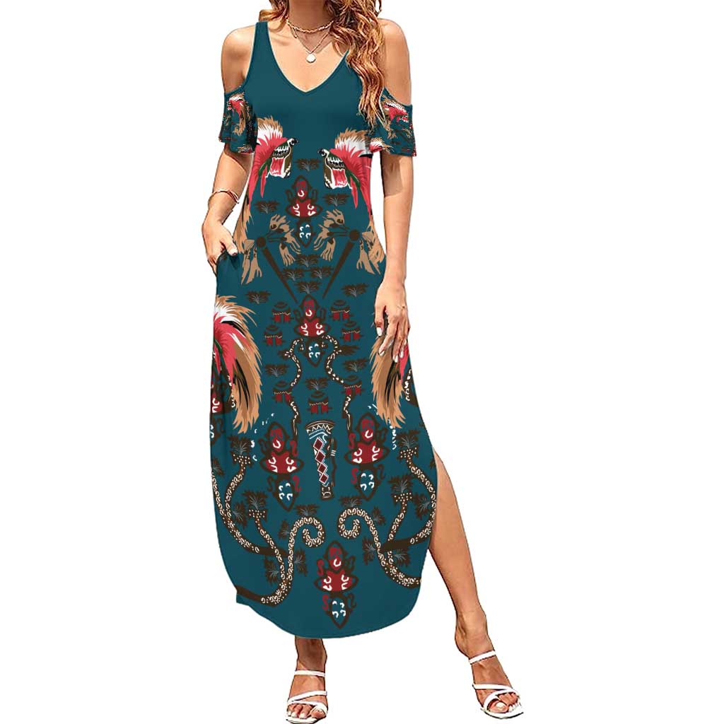 Dark Cyan Blue Bird of Batik Papua Summer Maxi Dress Exotic Natural Wealth of Papua LT9 Women Blue - Polynesian Pride
