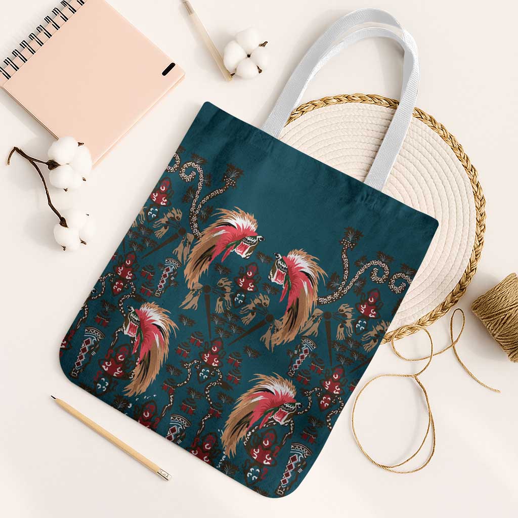 Dark Cyan Blue Bird of Batik Papua Tote Bag Exotic Natural Wealth of Papua LT9 White Strap One Size Blue - Polynesian Pride