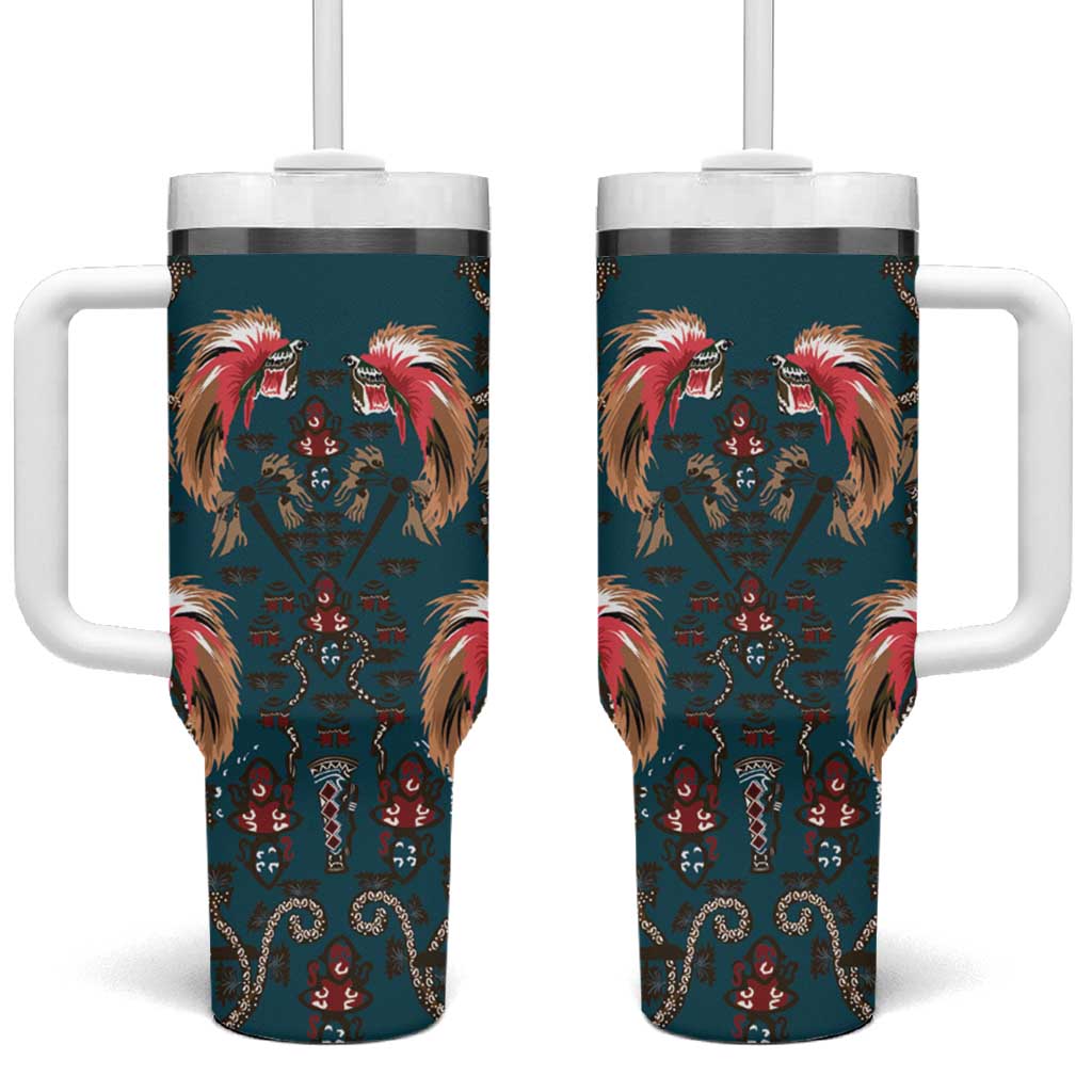 Dark Cyan Blue Bird of Batik Papua Tumbler With Handle Exotic Natural Wealth of Papua LT9 One Size: 40 oz Blue - Polynesian Pride