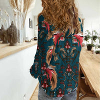 Dark Cyan Blue Bird of Batik Papua Women Casual Shirt Exotic Natural Wealth of Papua LT9 - Polynesian Pride