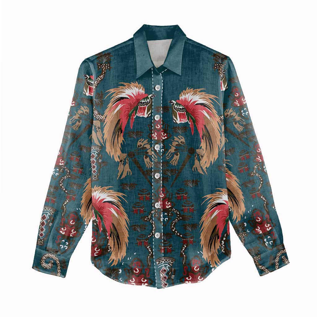 Dark Cyan Blue Bird of Batik Papua Women Casual Shirt Exotic Natural Wealth of Papua LT9 - Polynesian Pride