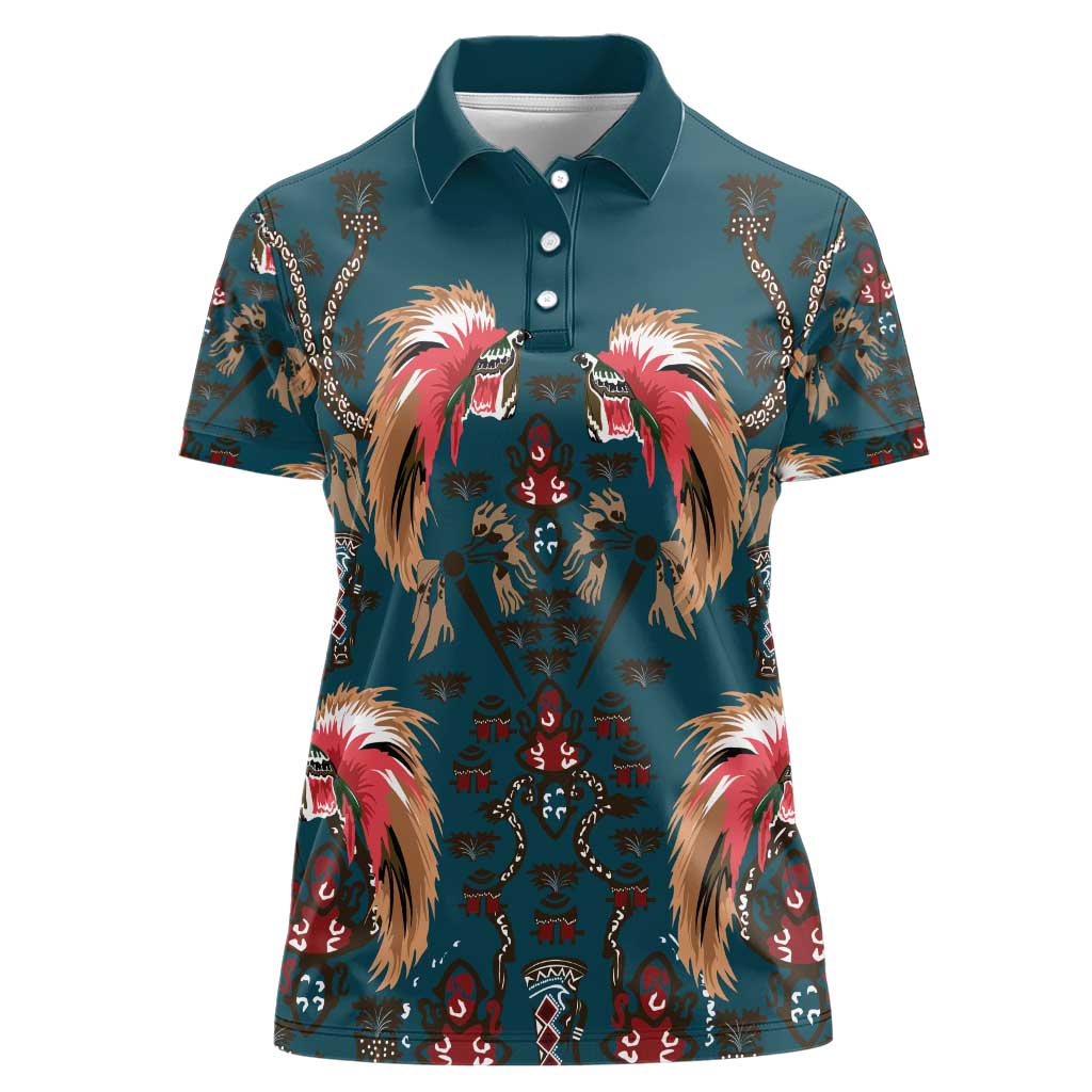 Dark Cyan Blue Bird of Batik Papua Women Polo Shirt Exotic Natural Wealth of Papua LT9 Female Blue - Polynesian Pride