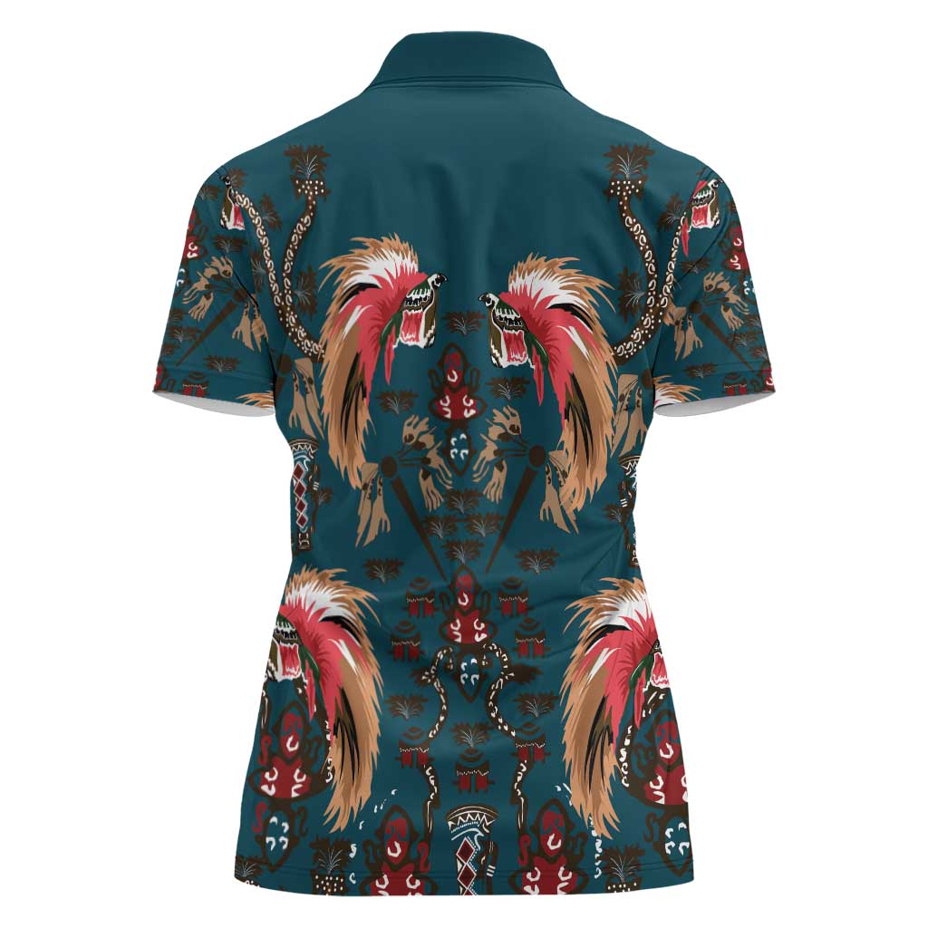 Dark Cyan Blue Bird of Batik Papua Women Polo Shirt Exotic Natural Wealth of Papua LT9 - Polynesian Pride