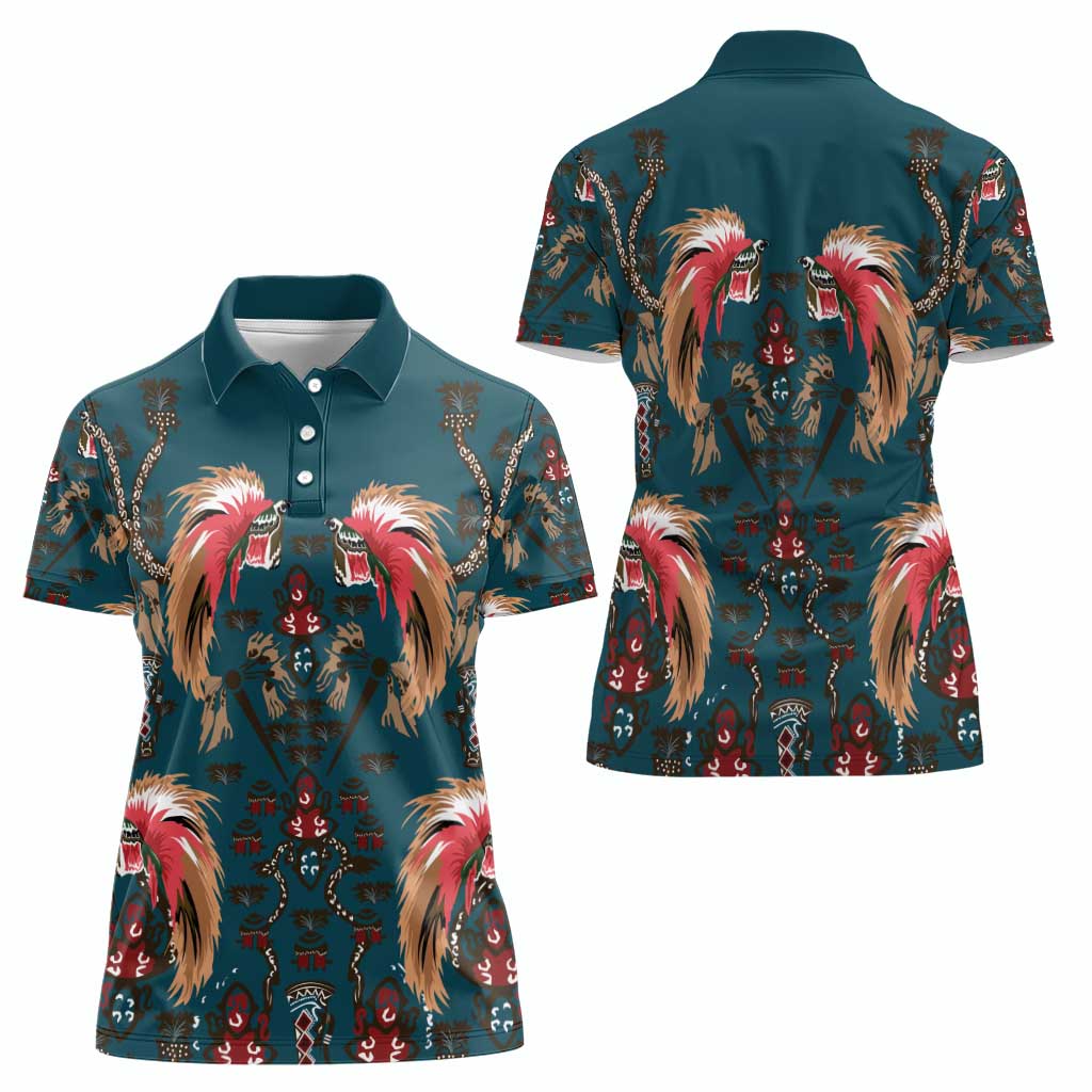 Dark Cyan Blue Bird of Batik Papua Women Polo Shirt Exotic Natural Wealth of Papua LT9 - Polynesian Pride