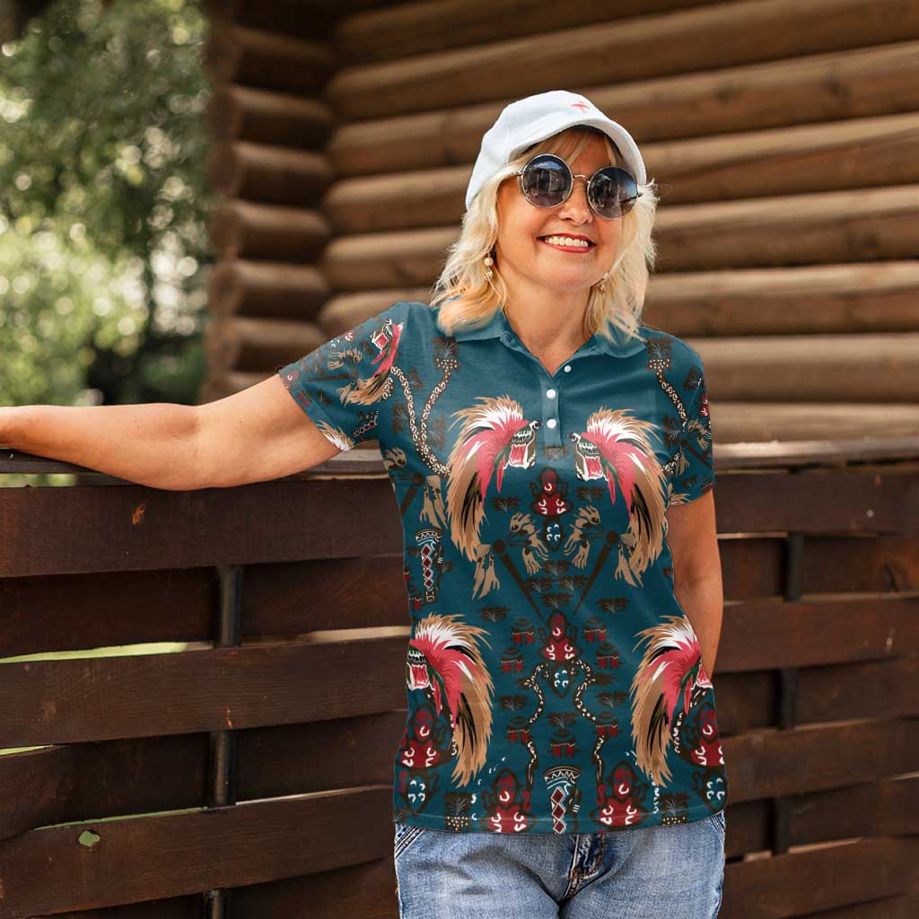 Dark Cyan Blue Bird of Batik Papua Women Polo Shirt Exotic Natural Wealth of Papua LT9 - Polynesian Pride