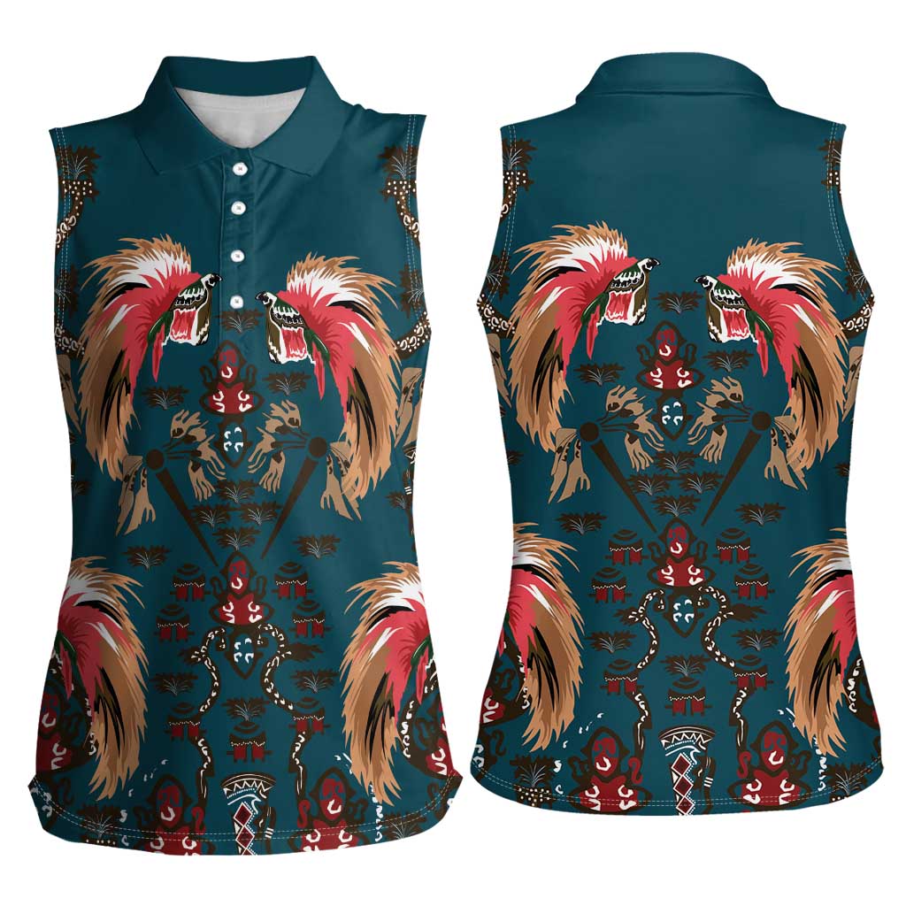 Dark Cyan Blue Bird of Batik Papua Women Sleeveless Polo Shirt Exotic Natural Wealth of Papua LT9 - Polynesian Pride
