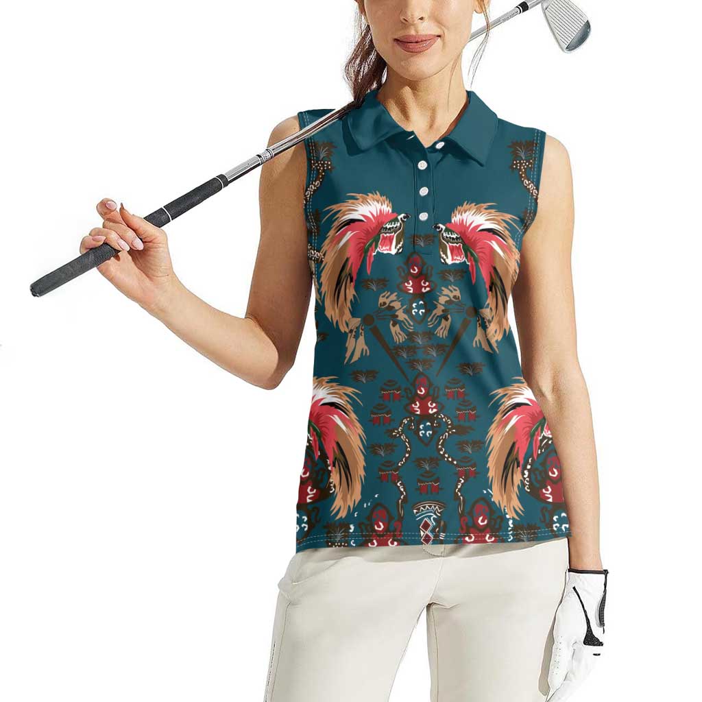 Dark Cyan Blue Bird of Batik Papua Women Sleeveless Polo Shirt Exotic Natural Wealth of Papua LT9 - Polynesian Pride