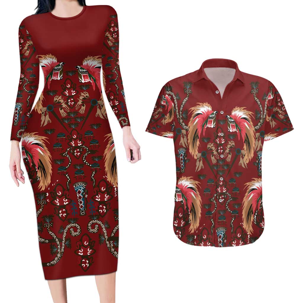 Oxblood Bird of Batik Papua Couples Matching Long Sleeve Bodycon Dress and Hawaiian Shirt Exotic Natural Wealth of Papua LT9 Red - Polynesian Pride