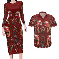 Oxblood Bird of Batik Papua Couples Matching Long Sleeve Bodycon Dress and Hawaiian Shirt Exotic Natural Wealth of Papua LT9 Red - Polynesian Pride