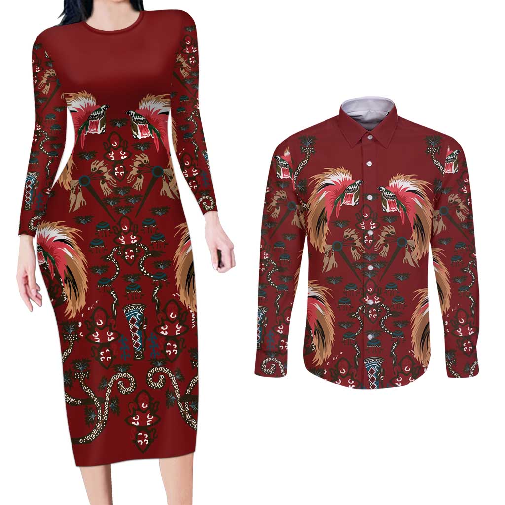 Oxblood Bird of Batik Papua Couples Matching Long Sleeve Bodycon Dress and Long Sleeve Button Shirt Exotic Natural Wealth of Papua LT9 Red - Polynesian Pride