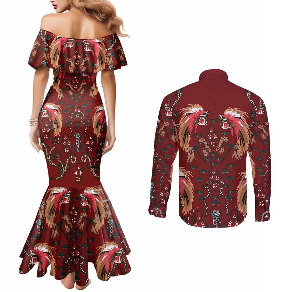 Oxblood Bird of Batik Papua Couples Matching Mermaid Dress and Long Sleeve Button Shirt Exotic Natural Wealth of Papua LT9 - Polynesian Pride