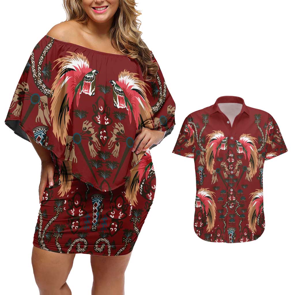 Oxblood Bird of Batik Papua Couples Matching Off Shoulder Short Dress and Hawaiian Shirt Exotic Natural Wealth of Papua LT9 Red - Polynesian Pride