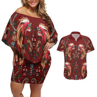 Oxblood Bird of Batik Papua Couples Matching Off Shoulder Short Dress and Hawaiian Shirt Exotic Natural Wealth of Papua LT9 Red - Polynesian Pride