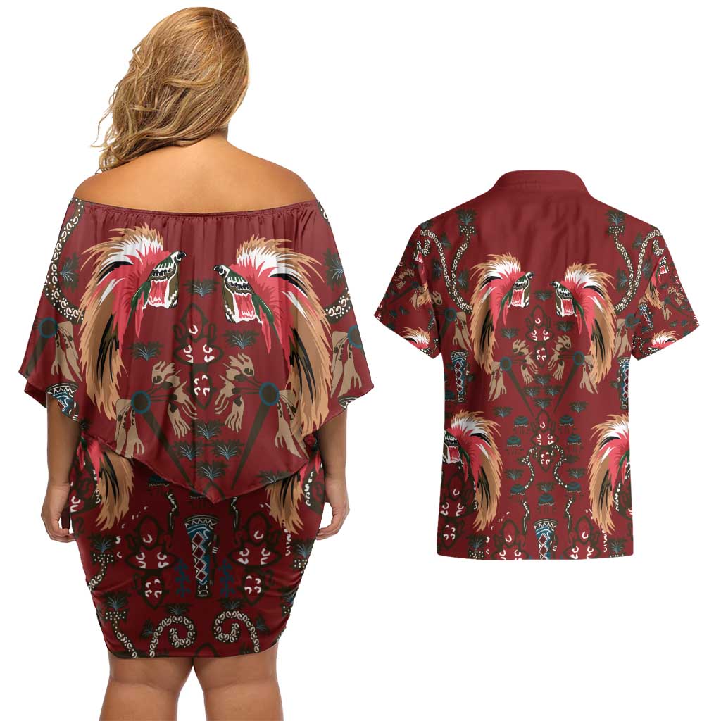 Oxblood Bird of Batik Papua Couples Matching Off Shoulder Short Dress and Hawaiian Shirt Exotic Natural Wealth of Papua LT9 - Polynesian Pride