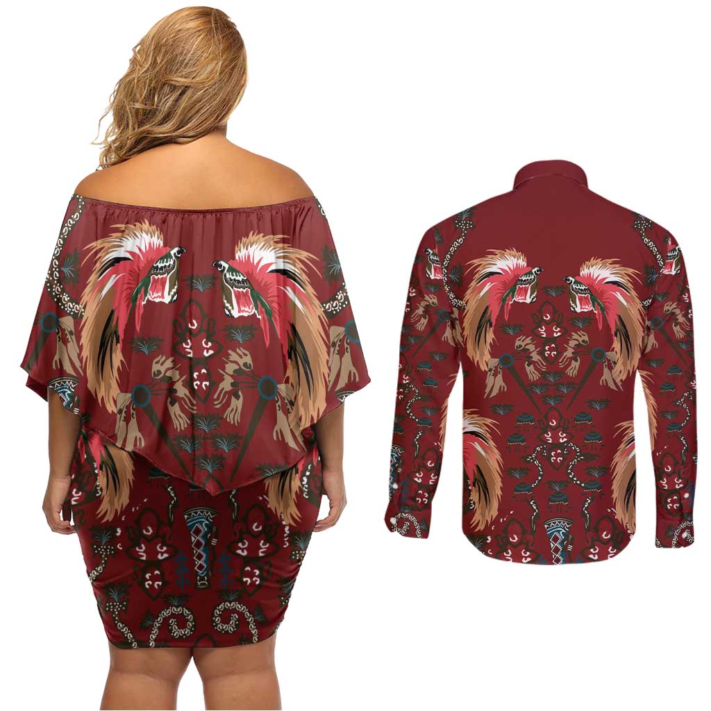 Oxblood Bird of Batik Papua Couples Matching Off Shoulder Short Dress and Long Sleeve Button Shirt Exotic Natural Wealth of Papua LT9 - Polynesian Pride