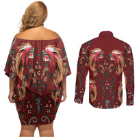 Oxblood Bird of Batik Papua Couples Matching Off Shoulder Short Dress and Long Sleeve Button Shirt Exotic Natural Wealth of Papua LT9 - Polynesian Pride
