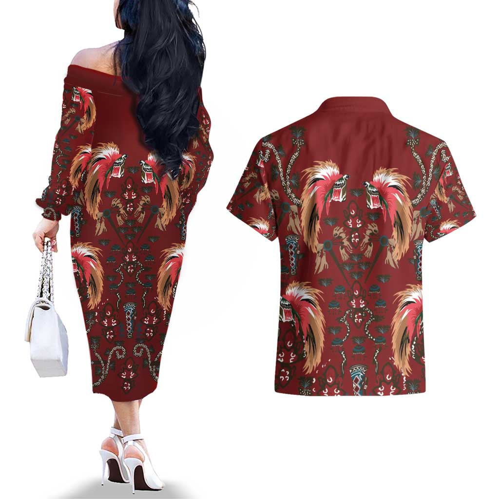Oxblood Bird of Batik Papua Couples Matching Off The Shoulder Long Sleeve Dress and Hawaiian Shirt Exotic Natural Wealth of Papua LT9 - Polynesian Pride