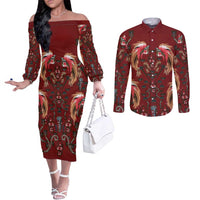 Oxblood Bird of Batik Papua Couples Matching Off The Shoulder Long Sleeve Dress and Long Sleeve Button Shirt Exotic Natural Wealth of Papua LT9 Red - Polynesian Pride