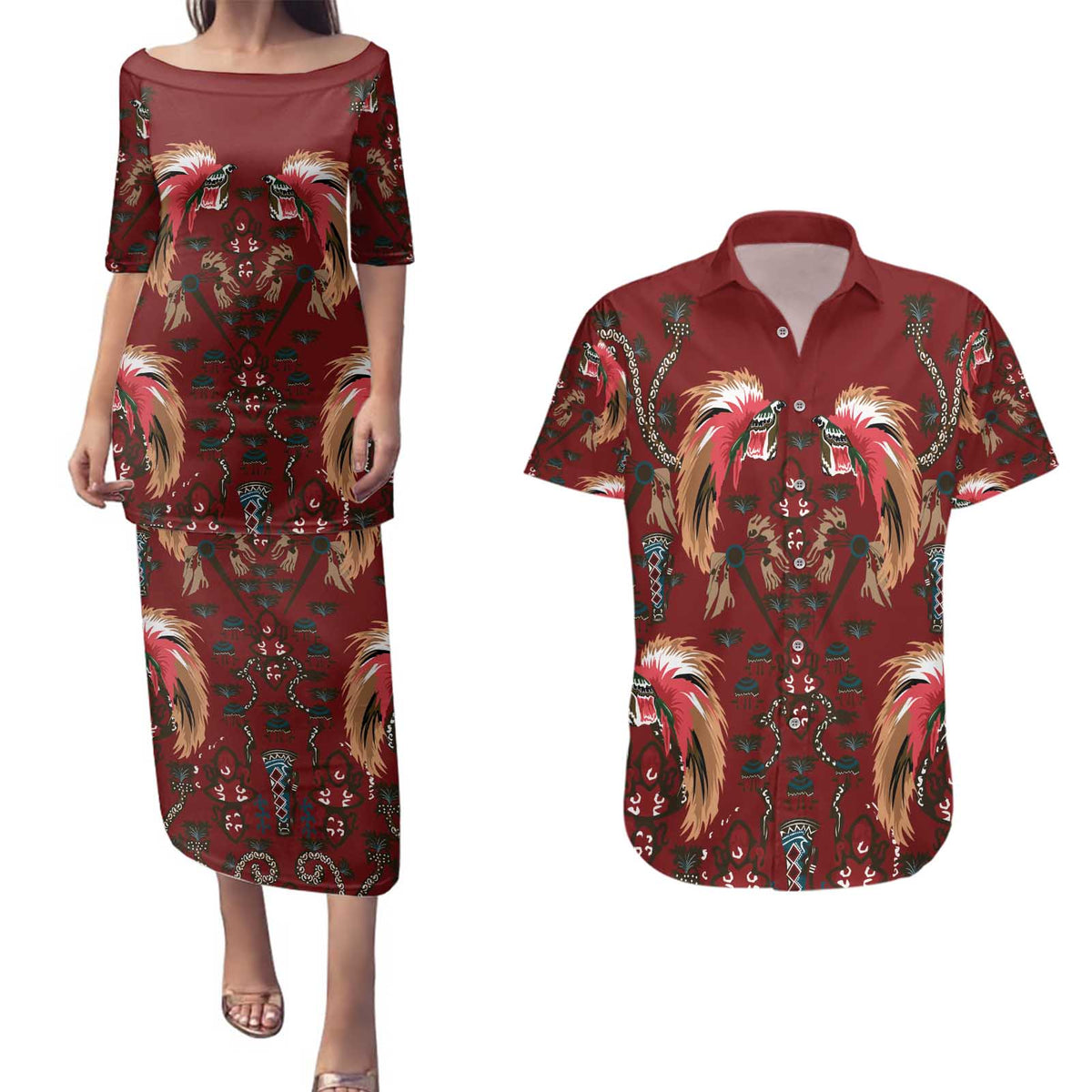 Oxblood Bird of Batik Papua Couples Matching Puletasi and Hawaiian Shirt Exotic Natural Wealth of Papua LT9 Red - Polynesian Pride