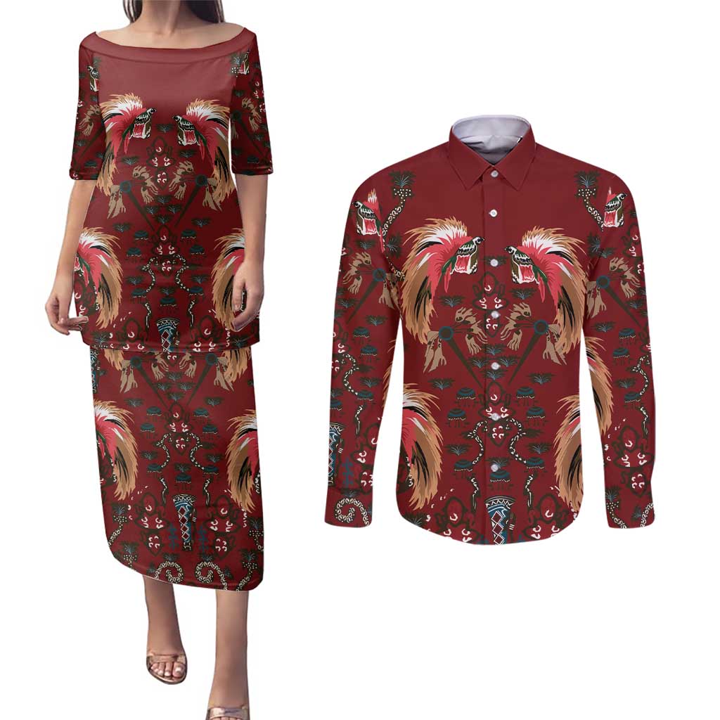 Oxblood Bird of Batik Papua Couples Matching Puletasi and Long Sleeve Button Shirt Exotic Natural Wealth of Papua LT9 Red - Polynesian Pride