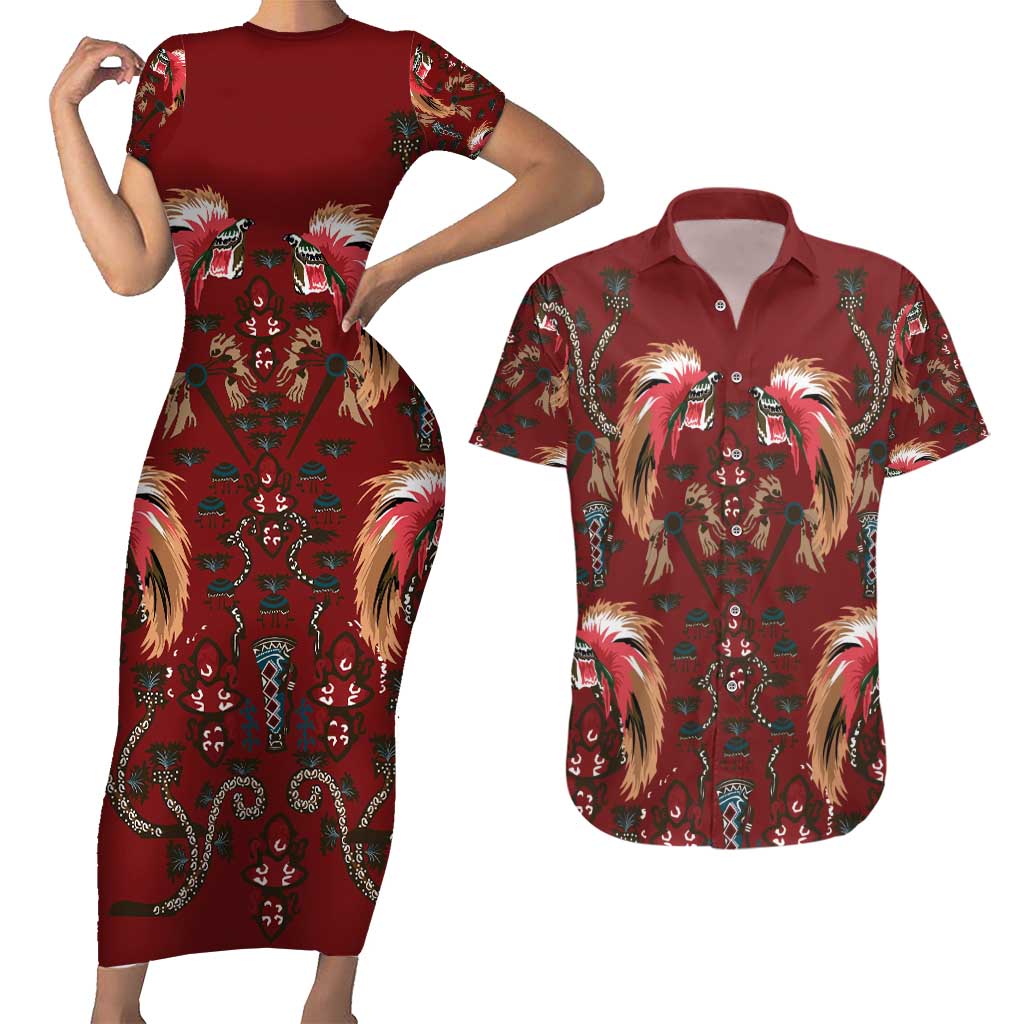 Oxblood Bird of Batik Papua Couples Matching Short Sleeve Bodycon Dress and Hawaiian Shirt Exotic Natural Wealth of Papua LT9 Red - Polynesian Pride