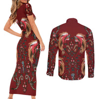 Oxblood Bird of Batik Papua Couples Matching Short Sleeve Bodycon Dress and Long Sleeve Button Shirt Exotic Natural Wealth of Papua LT9 - Polynesian Pride