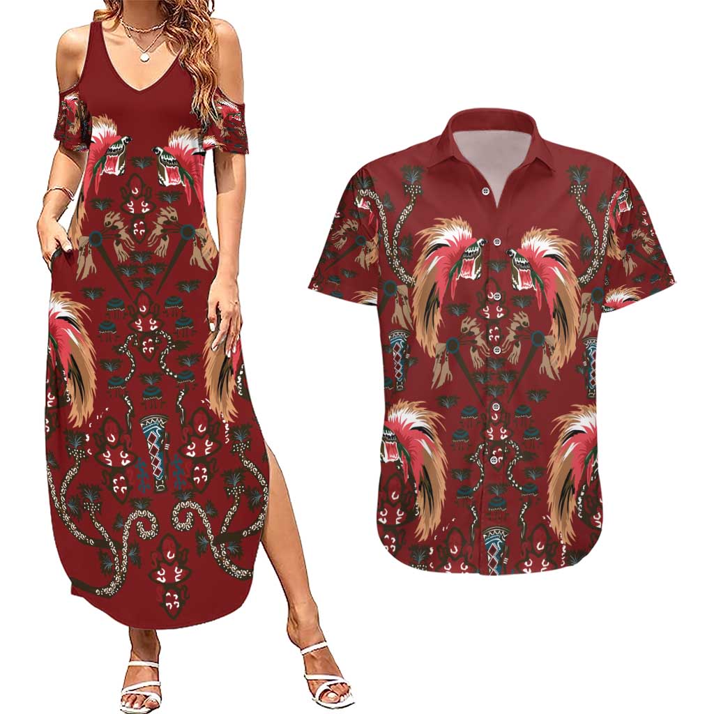 Oxblood Bird of Batik Papua Couples Matching Summer Maxi Dress and Hawaiian Shirt Exotic Natural Wealth of Papua LT9 Red - Polynesian Pride
