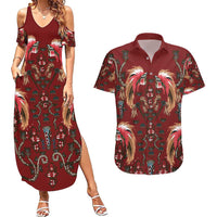 Oxblood Bird of Batik Papua Couples Matching Summer Maxi Dress and Hawaiian Shirt Exotic Natural Wealth of Papua LT9 Red - Polynesian Pride