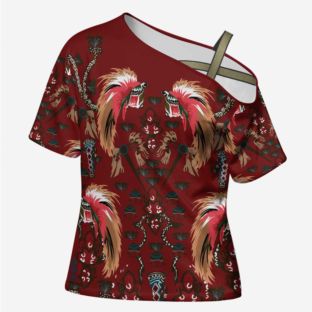 Oxblood Bird of Batik Papua Cross Shoulder Shirt Exotic Natural Wealth of Papua LT9 Female Red - Polynesian Pride