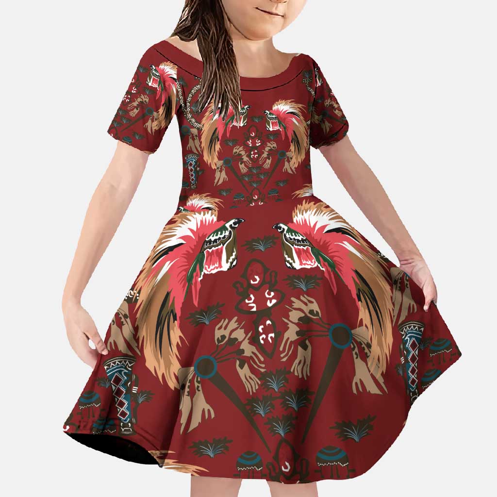 Oxblood Bird of Batik Papua Family Matching Long Sleeve Bodycon Dress and Hawaiian Shirt Exotic Natural Wealth of Papua LT9 Daughter's Dress Red - Polynesian Pride