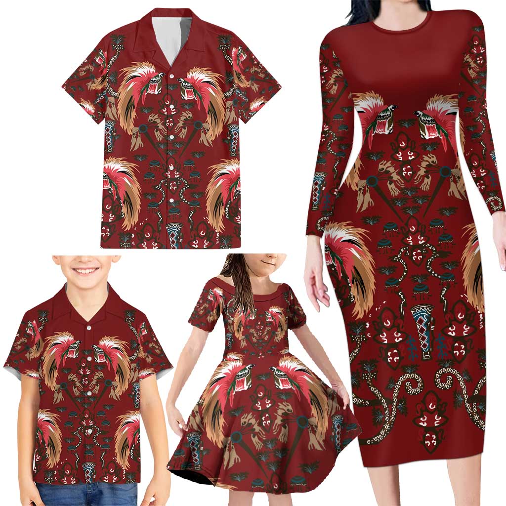 Oxblood Bird of Batik Papua Family Matching Long Sleeve Bodycon Dress and Hawaiian Shirt Exotic Natural Wealth of Papua LT9 - Polynesian Pride