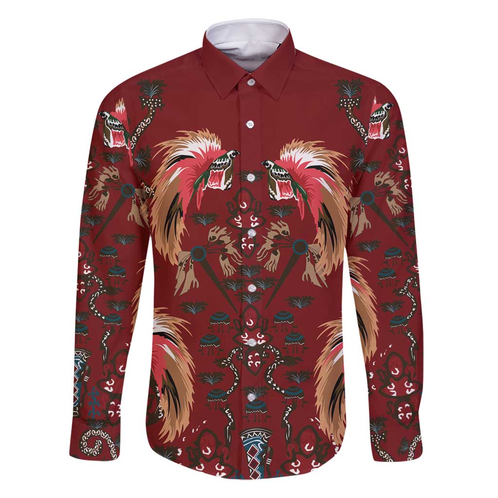 Oxblood Bird of Batik Papua Family Matching Long Sleeve Bodycon Dress and Hawaiian Shirt Exotic Natural Wealth of Papua LT9 Dad's Shirt - Long Sleeve Red - Polynesian Pride