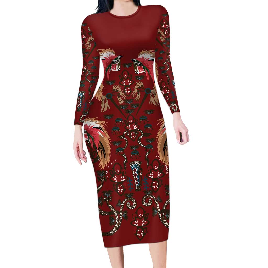 Oxblood Bird of Batik Papua Family Matching Long Sleeve Bodycon Dress and Hawaiian Shirt Exotic Natural Wealth of Papua LT9 Mom's Dress Red - Polynesian Pride