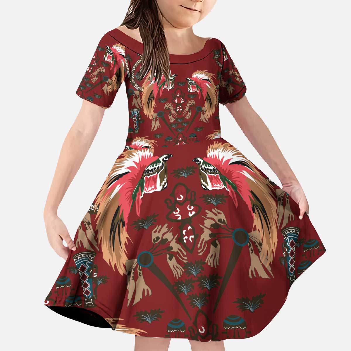 Oxblood Bird of Batik Papua Family Matching Off The Shoulder Long Sleeve Dress and Hawaiian Shirt Exotic Natural Wealth of Papua LT9 Daughter's Dress Red - Polynesian Pride
