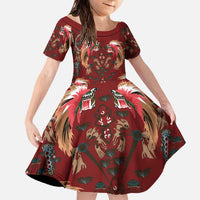 Oxblood Bird of Batik Papua Family Matching Off The Shoulder Long Sleeve Dress and Hawaiian Shirt Exotic Natural Wealth of Papua LT9 Daughter's Dress Red - Polynesian Pride