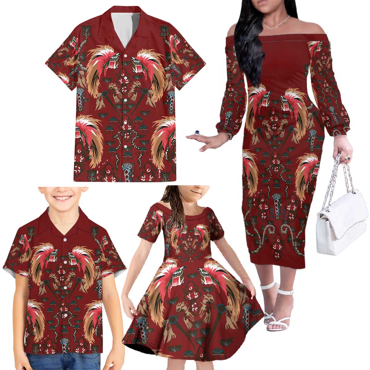 Oxblood Bird of Batik Papua Family Matching Off The Shoulder Long Sleeve Dress and Hawaiian Shirt Exotic Natural Wealth of Papua LT9 - Polynesian Pride