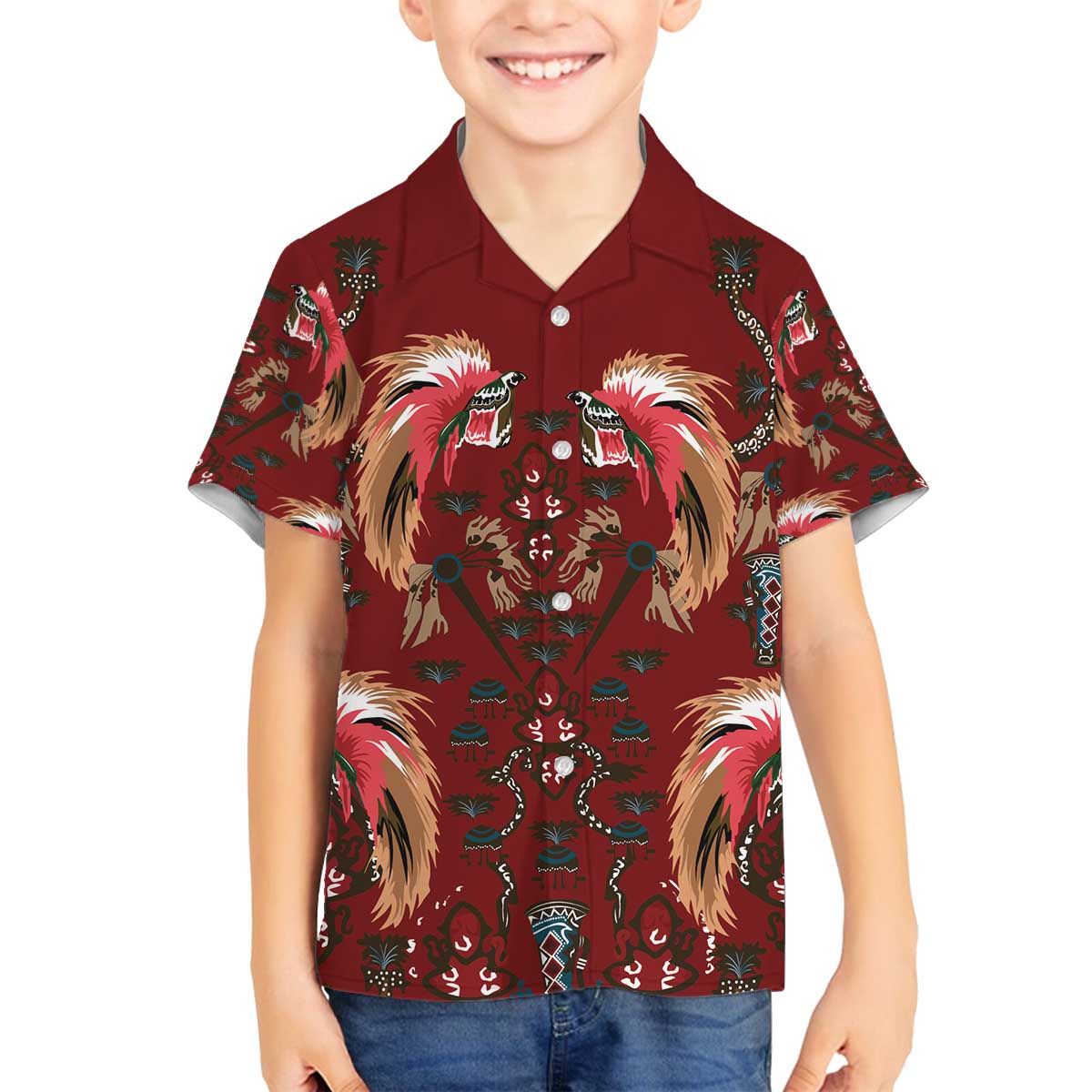 Oxblood Bird of Batik Papua Family Matching Off The Shoulder Long Sleeve Dress and Hawaiian Shirt Exotic Natural Wealth of Papua LT9 Son's Shirt Red - Polynesian Pride