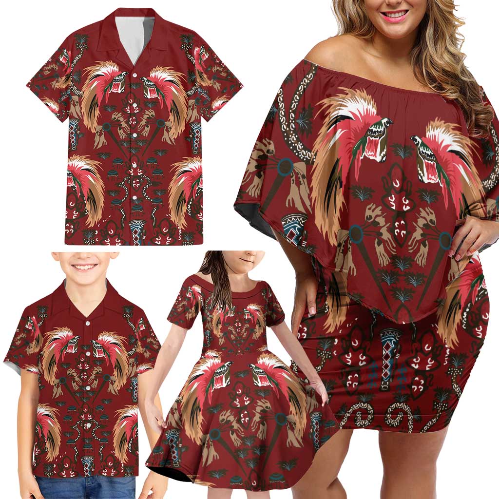 Oxblood Bird of Batik Papua Family Matching Off Shoulder Short Dress and Hawaiian Shirt Exotic Natural Wealth of Papua LT9 - Polynesian Pride